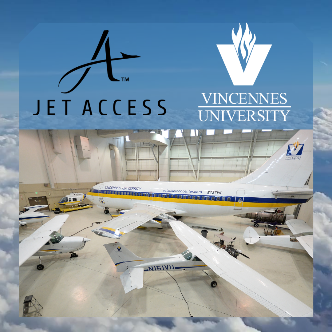 Jet Access and VU logos with photo of VU aircraft in one of VU's hangar