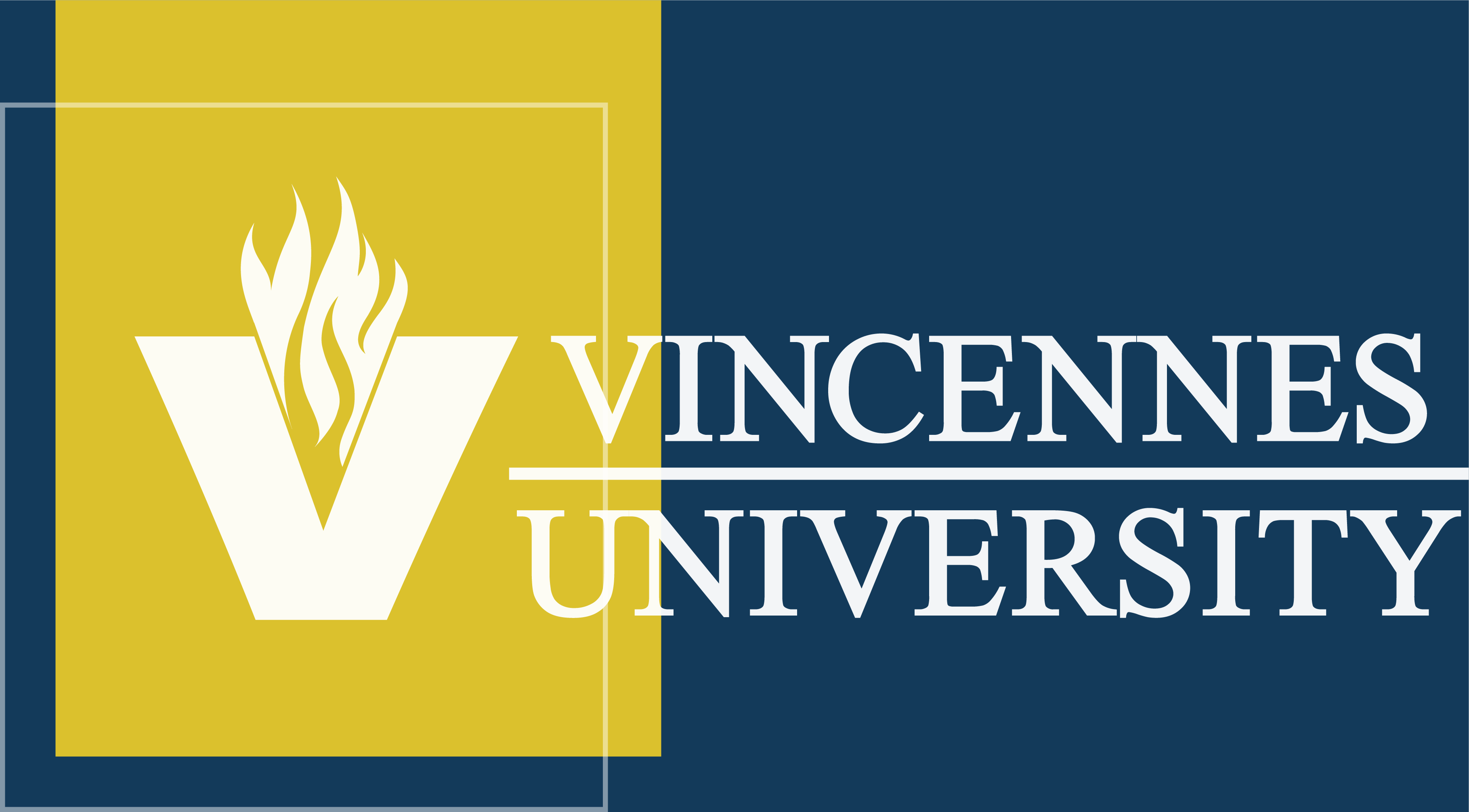 Gold and blue VU logo with gold flame